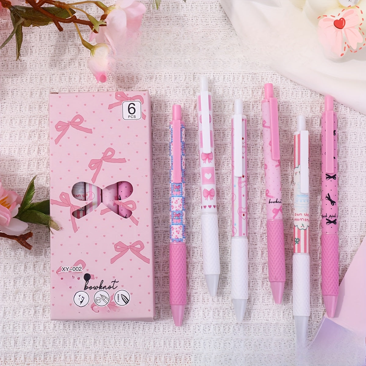 Set of 6 Pink Bowknot Gel Pens 0.5mm Fine Point for Office and School
