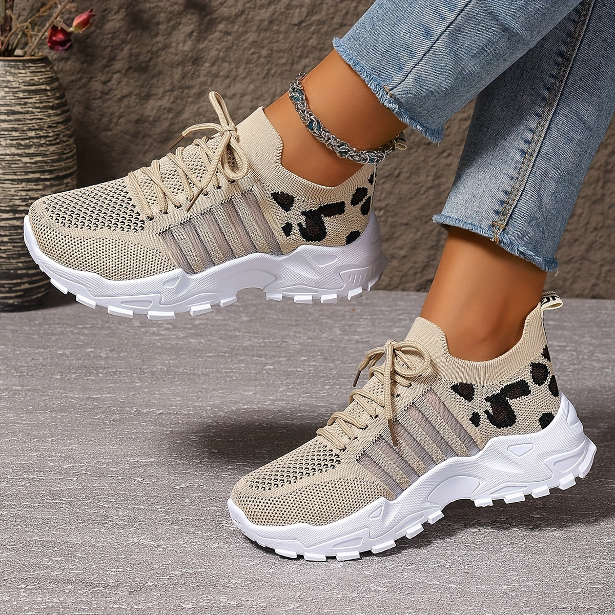 Zapatillas atléticas transpirables con estampado de leopardo para mujer, ideales para correr y hacer ejercicio