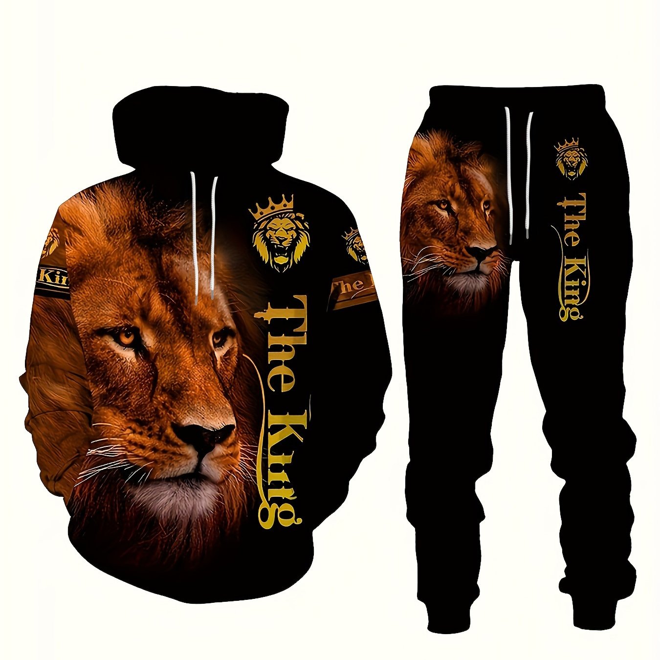 Men's Plus Size Lion Print 3D Hoodie and Sweatpants Set for Autumn Winter