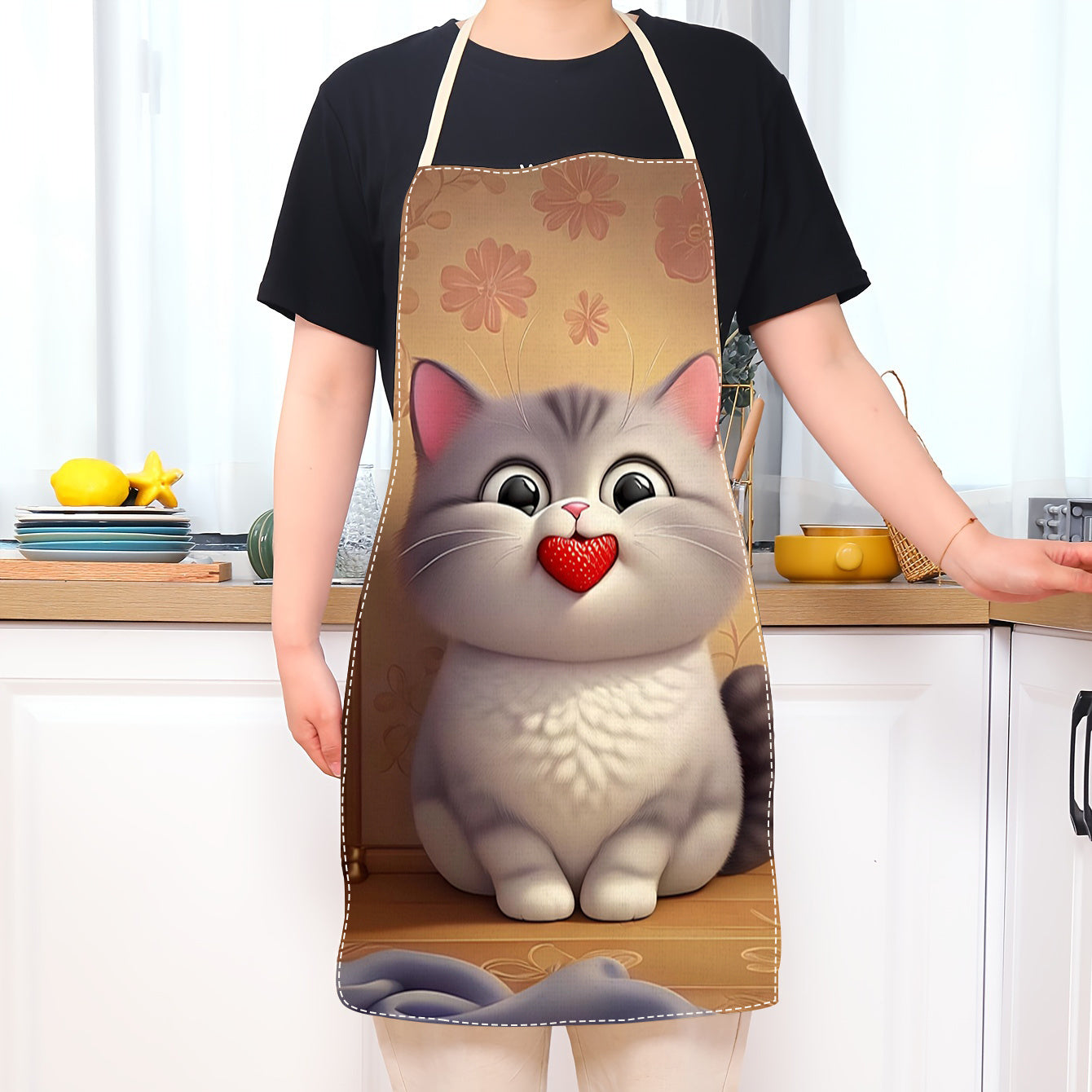 Cat-Inspired Linen Apron for Adults, Sleeveless, Floral Pattern, Lightweight Kitchen Garment