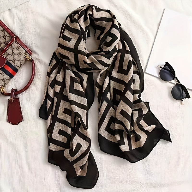 Women's Geometric Maze Scarf Breathable Lightweight Beige Black Sun Protection
