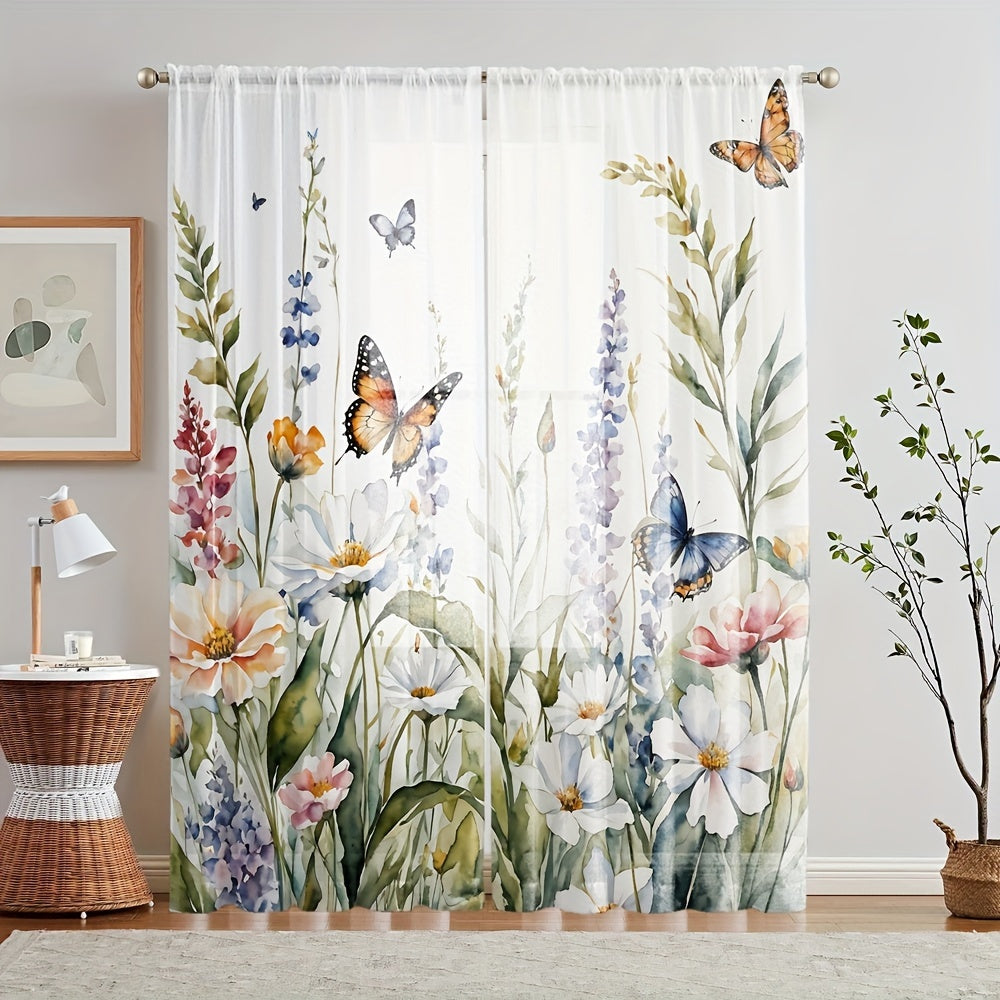 Cortinas de tul con estampado floral vibrante y mariposas para sala de estar o dormitorio poliéster semi-transparente
