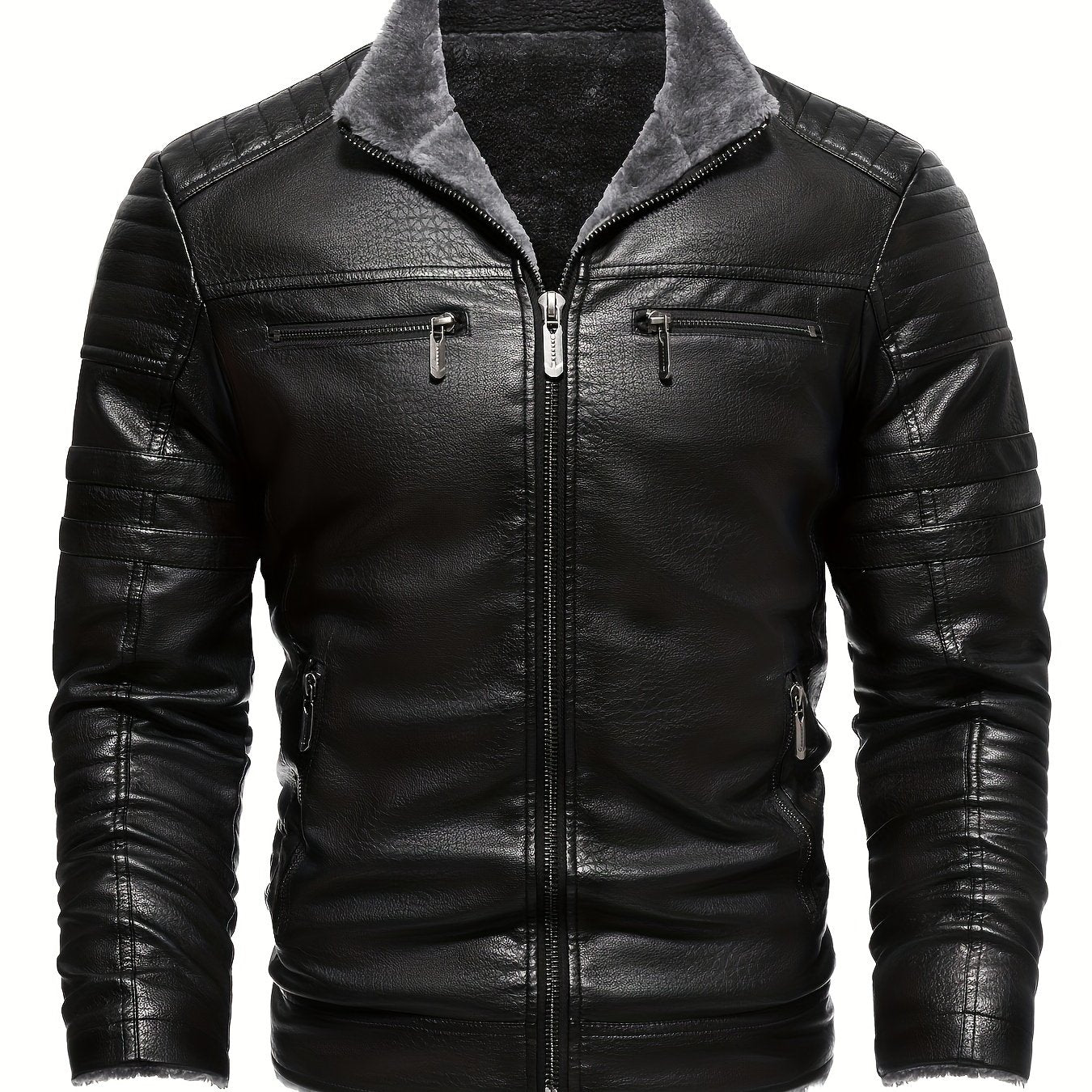 Men's Faux Leather Biker Jacket with Fleece Lining Fall Winter Casual Slim Fit