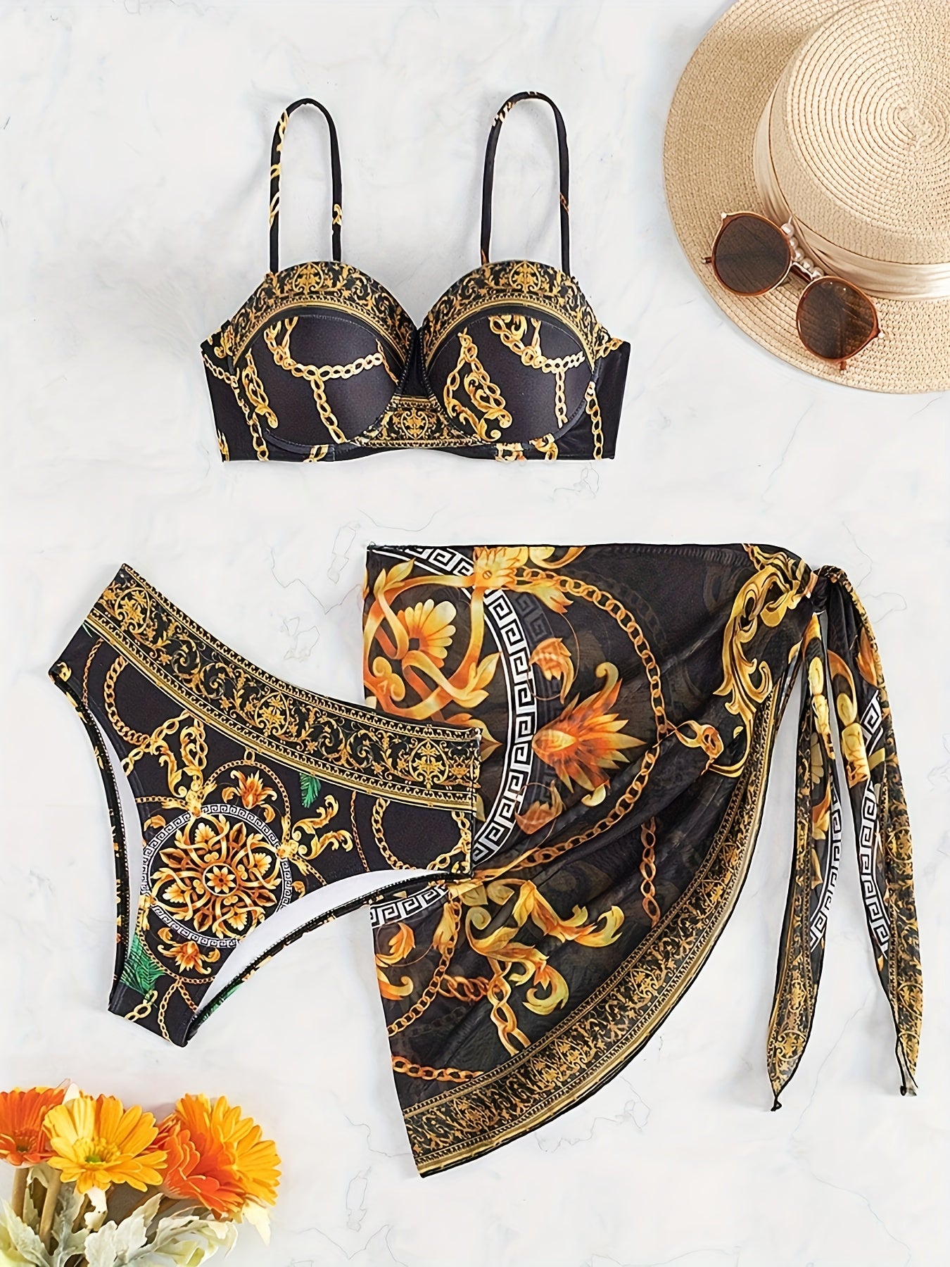 Boho Style Off the Shoulder Bikini Set with Geometric Pattern High Stretch Polyester Elastane for Women
