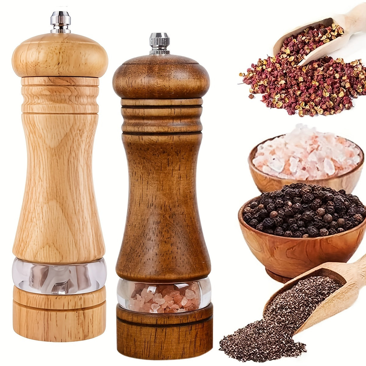 Set of 2 Adjustable Wooden Pepper and Sea Salt Grinders, Refillable, Manual Spice Mills
