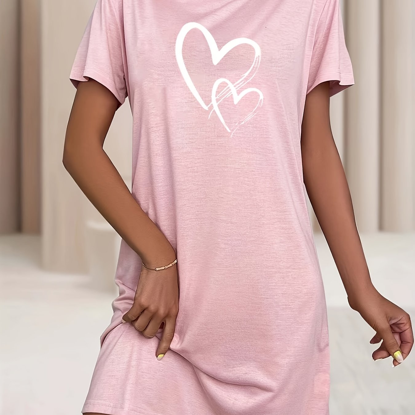 Women's Plus Size Heart Print Sleep Dress Soft Stretchy Nightgown Yellow