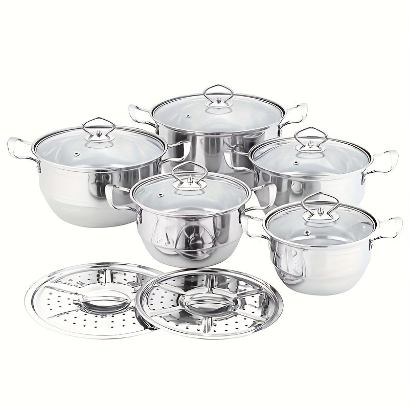 Stainless Steel Cookware Set 12 Pieces with Steamer Frying Pan Soup Pot for All Stoves