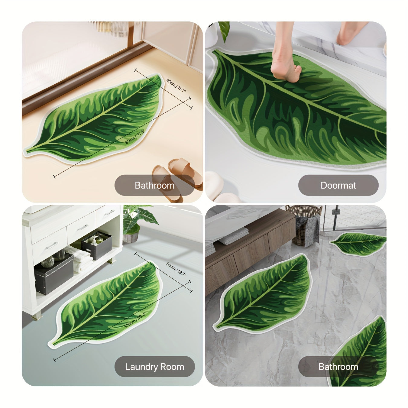 Green Leaf Velvet Non-Slip Bathroom Mat for Bedroom Living Room Floor Decor