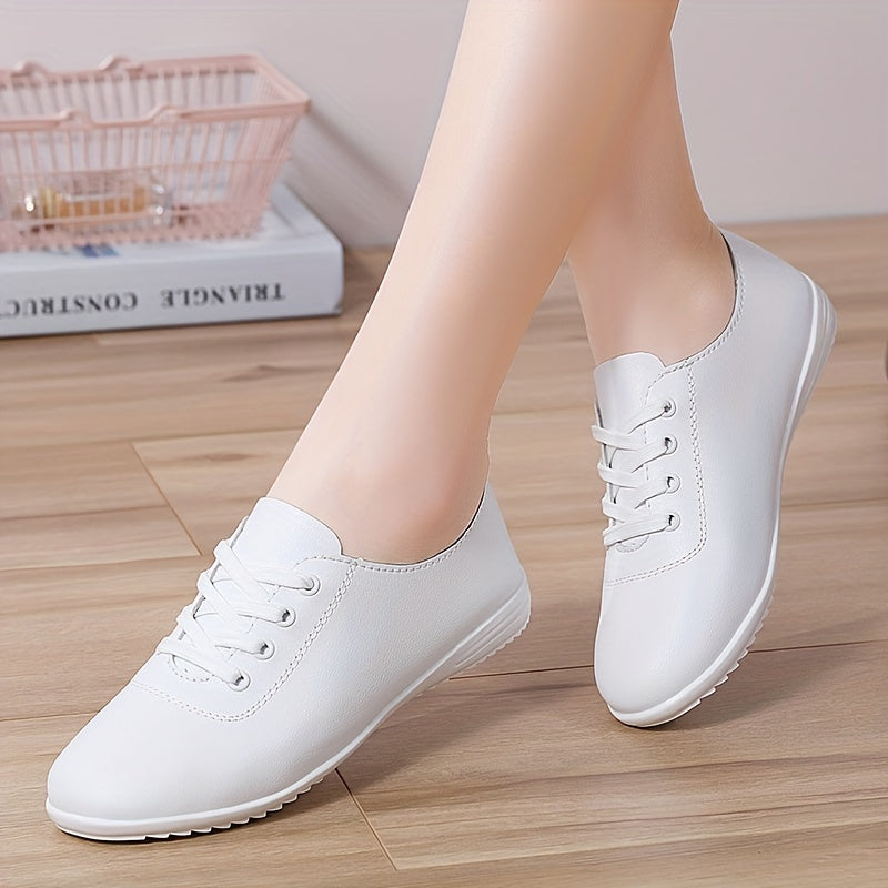 Zapatos planos de cuero sintético para mujer con cordones, ligeros y cómodos