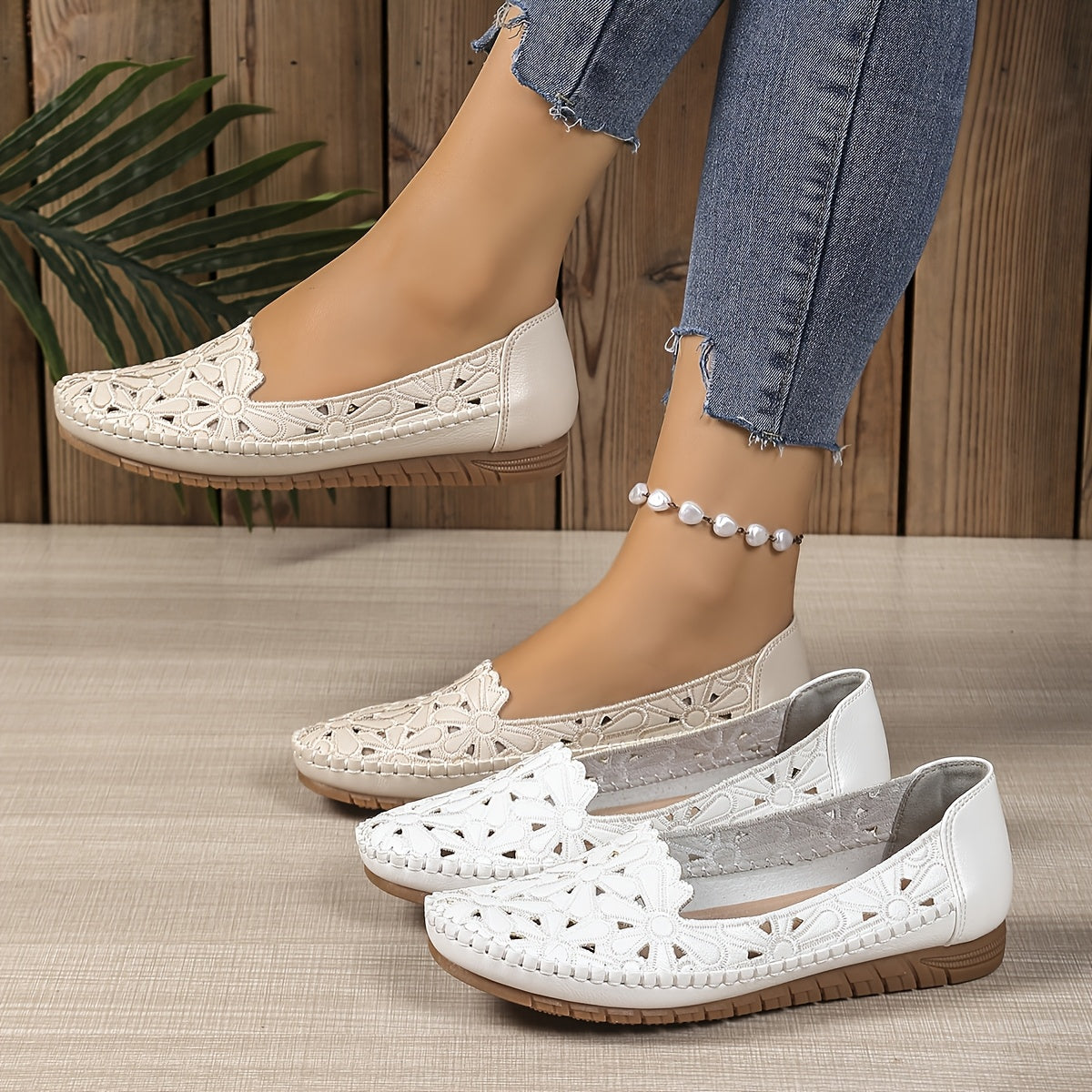 Women's Slip-On Flats Synthetic Lace Cut-Out Comfortable Shoes White Beige