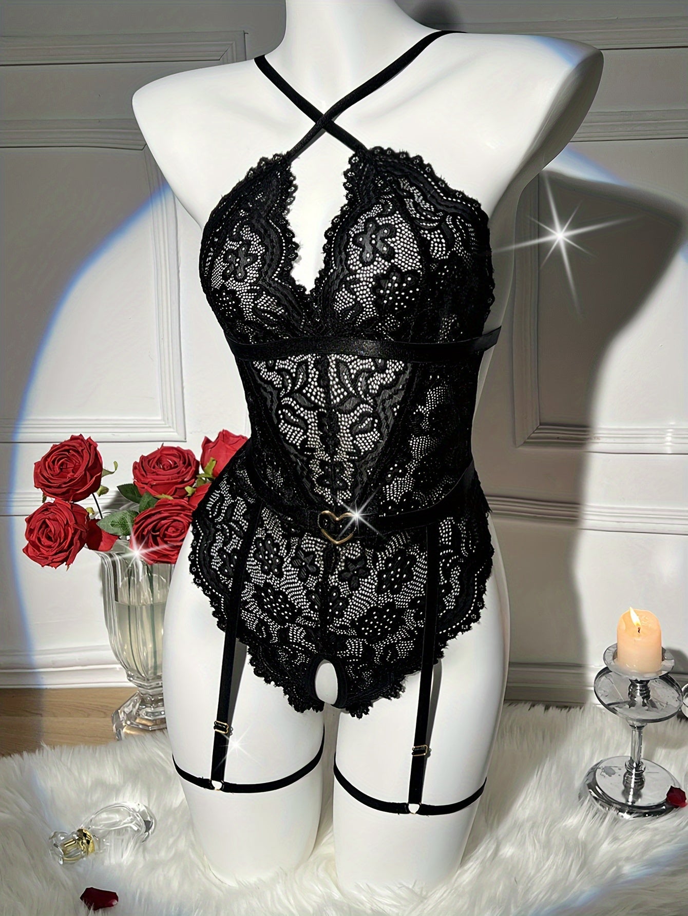 Women's Floral Lace Lingerie Set with Open Crotch Garter Belt and Heart Back Teddy