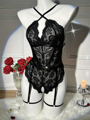 Women's Floral Lace Lingerie Set with Open Crotch Garter Belt and Heart Back Teddy