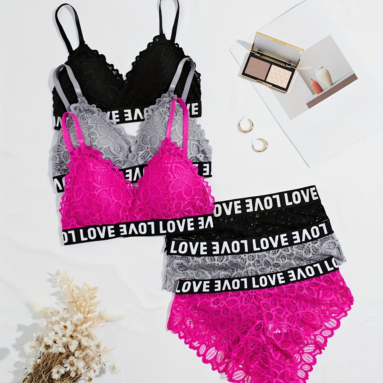 Women's Floral Lace Lingerie Set with Letter Print Contrast Trim Cami Bra and Panties