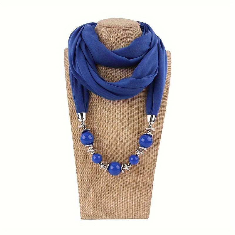 Women's Solid Color Infinity Scarf with Beaded Jewelry Necklace and Head Wrap