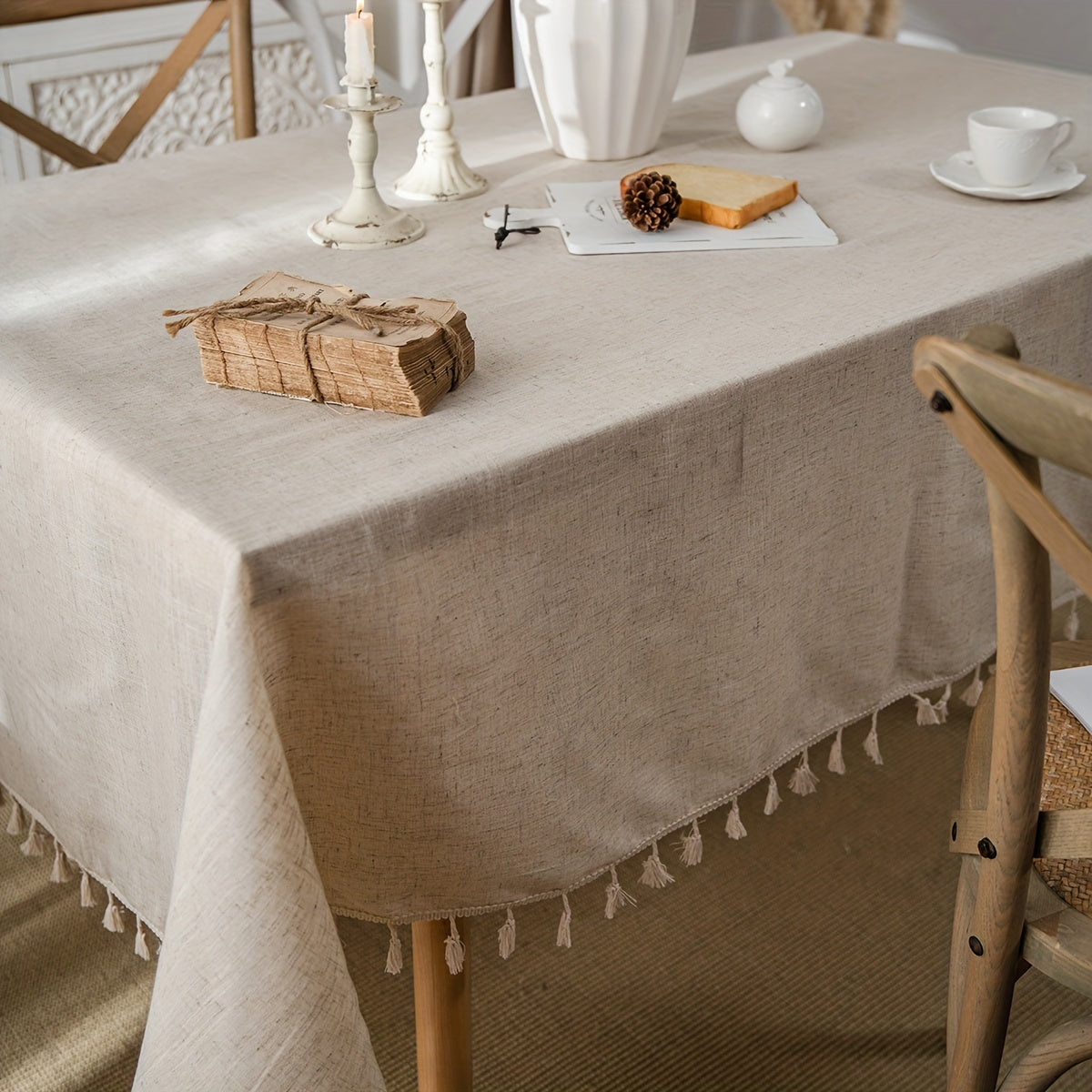 Beige Tassel Tablecloth Rectangular Polyester Blend Fringe for Dining and Coffee Tables