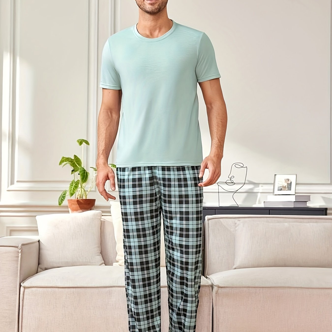 Men's Casual Plaid Pajama Set Polyester Crew Neck Short Sleeve Top and Long Pants