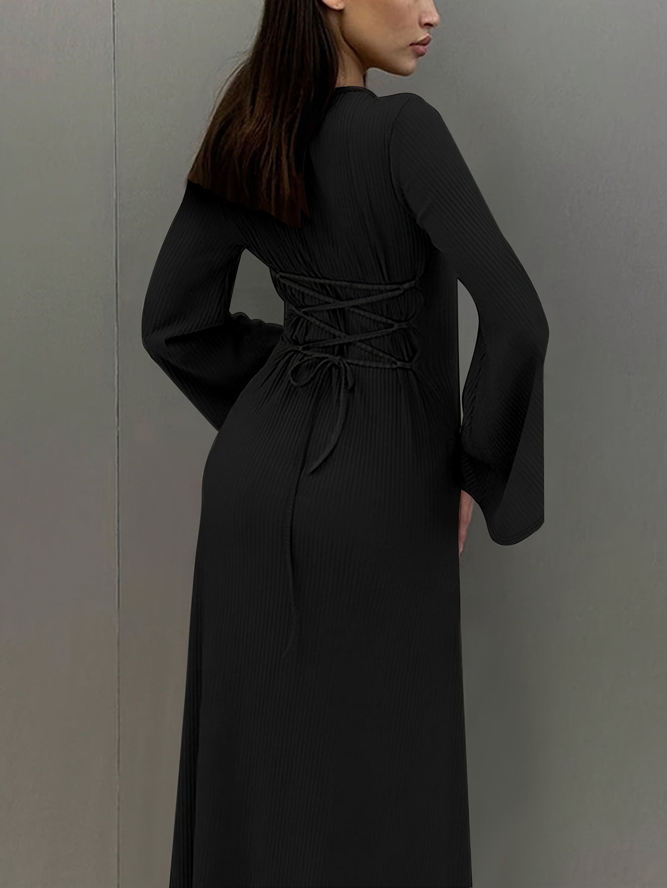 Women's Long Sleeve Tie-Waist Dress Fall Winter Solid Color Square Neck Casual Polyester