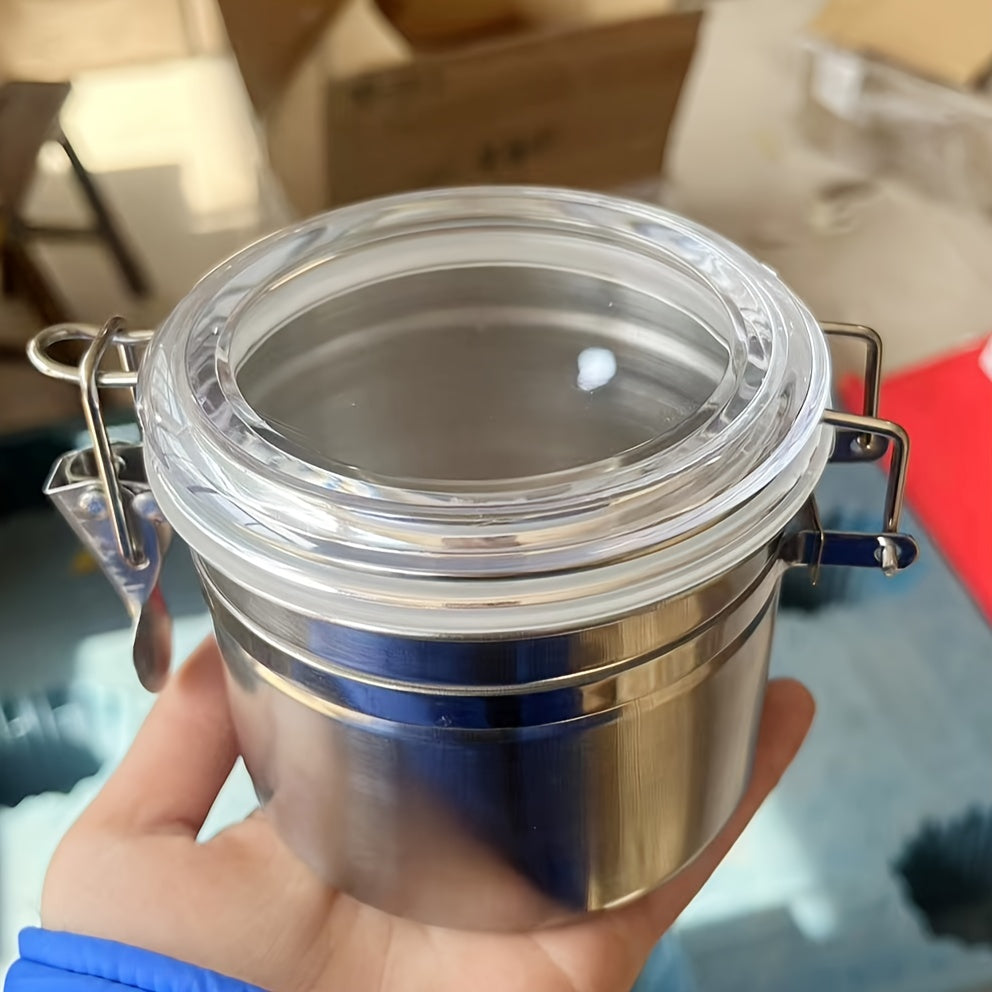 Airtight Stainless Steel Herb Storage Jar with Transparent Lid and Blue Clasp