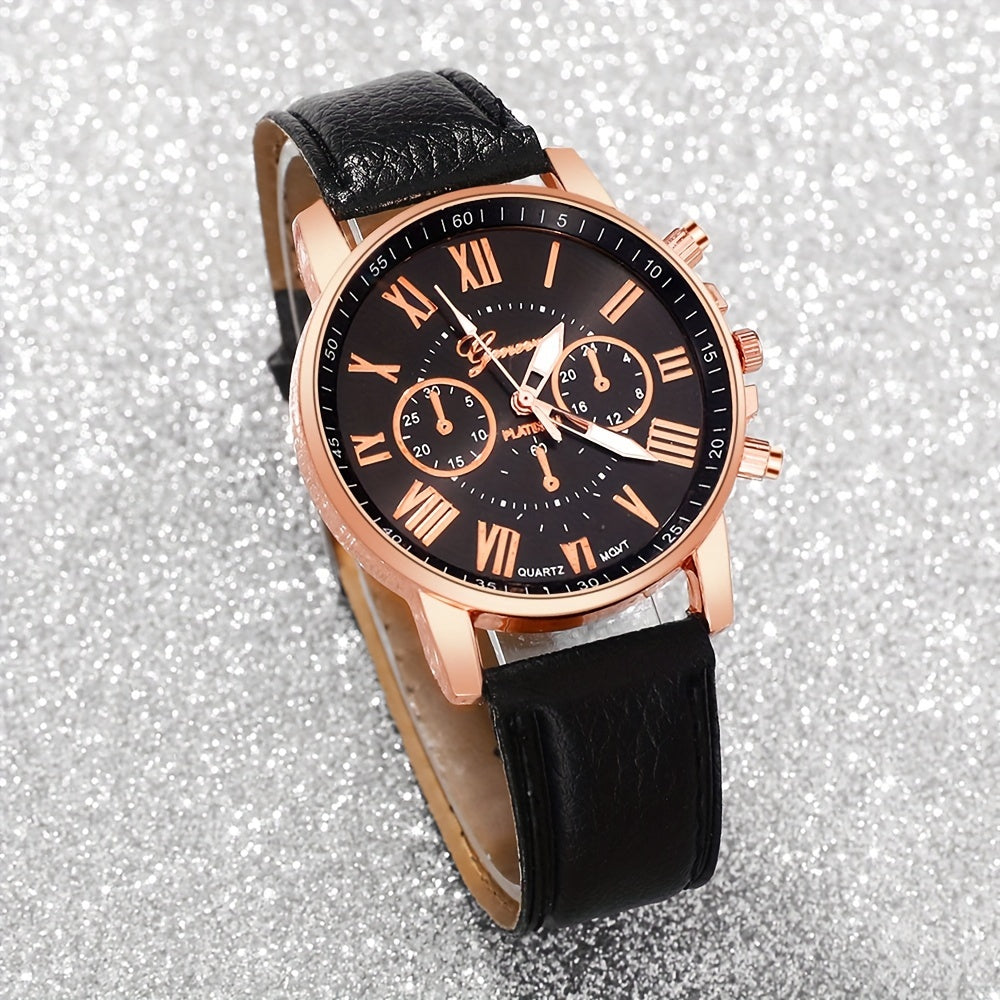 Set of 3 Women's Fashion Elegant Roman Numeral Quartz Watches Faux Leather Casual