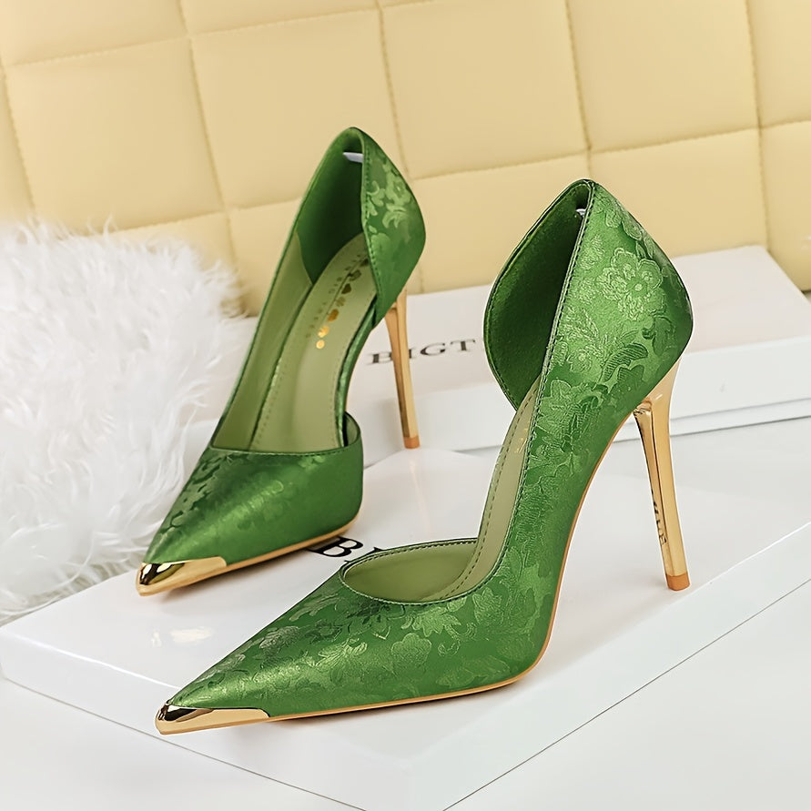 Women Satin High Heels with Slender Heel and Metallic Toe