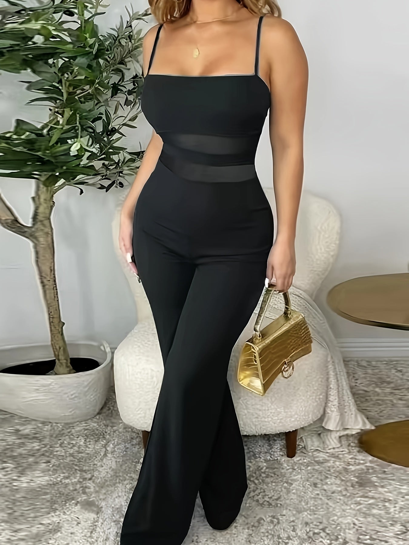 Plus Size Off-Shoulder Mesh Jumpsuit Black Wide-Leg Formal Wear