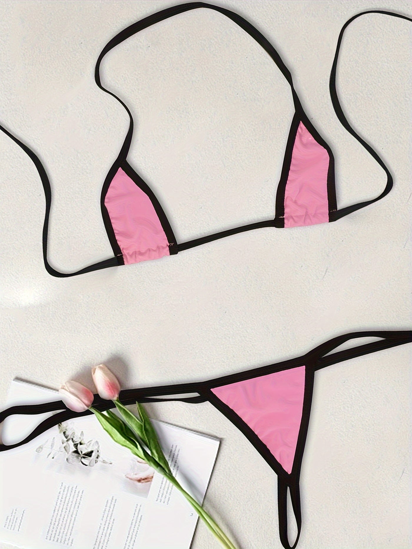 Women's Lingerie Set with Contrast Trim Micro Triangle Halter Bikini and Thong