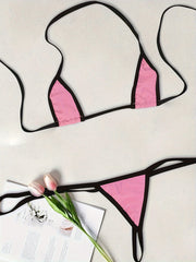 Women's Lingerie Set with Contrast Trim Micro Triangle Halter Bikini and Thong