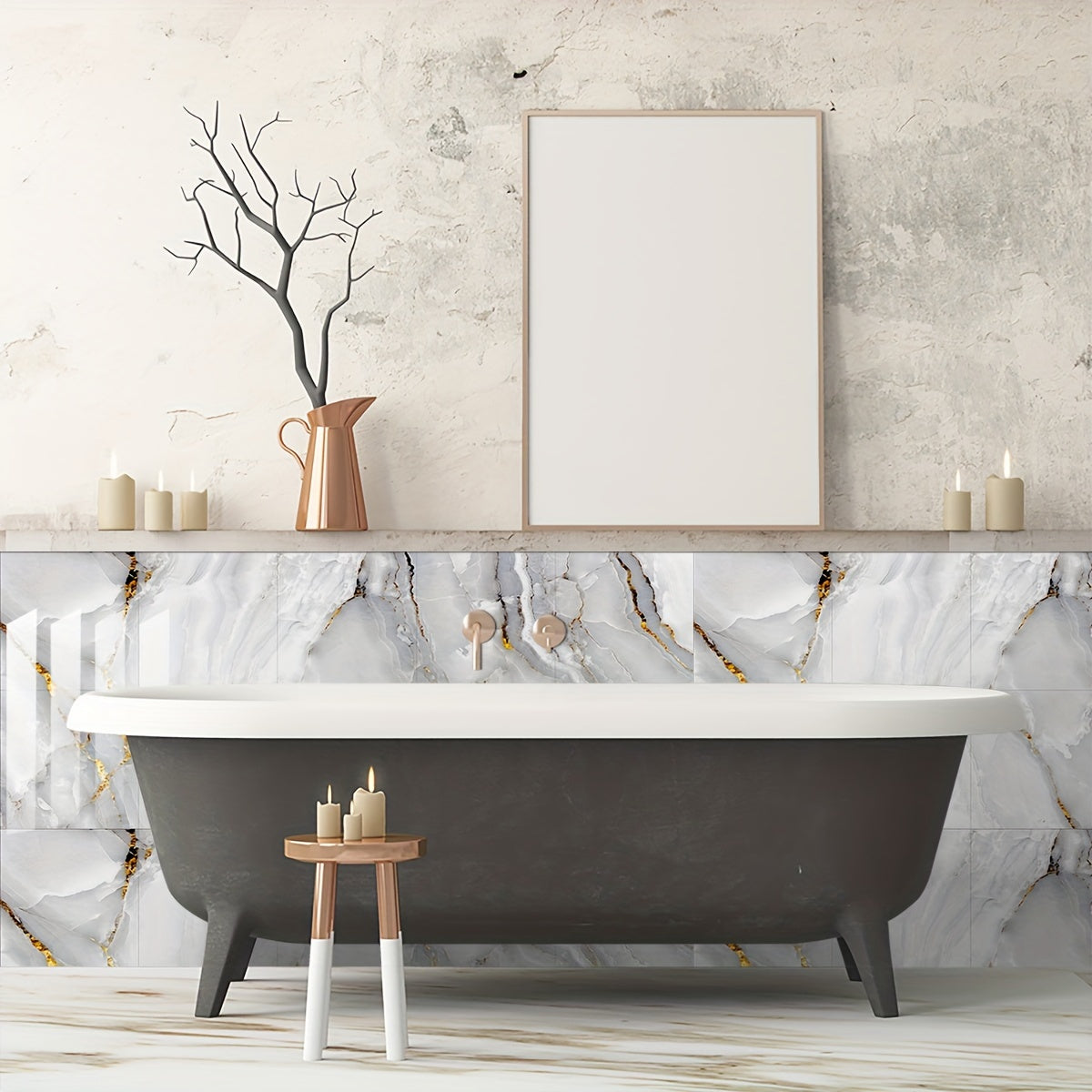 Waterproof Marble Pattern PVC Floor Stickers for Kitchen Decor, 10 Pieces