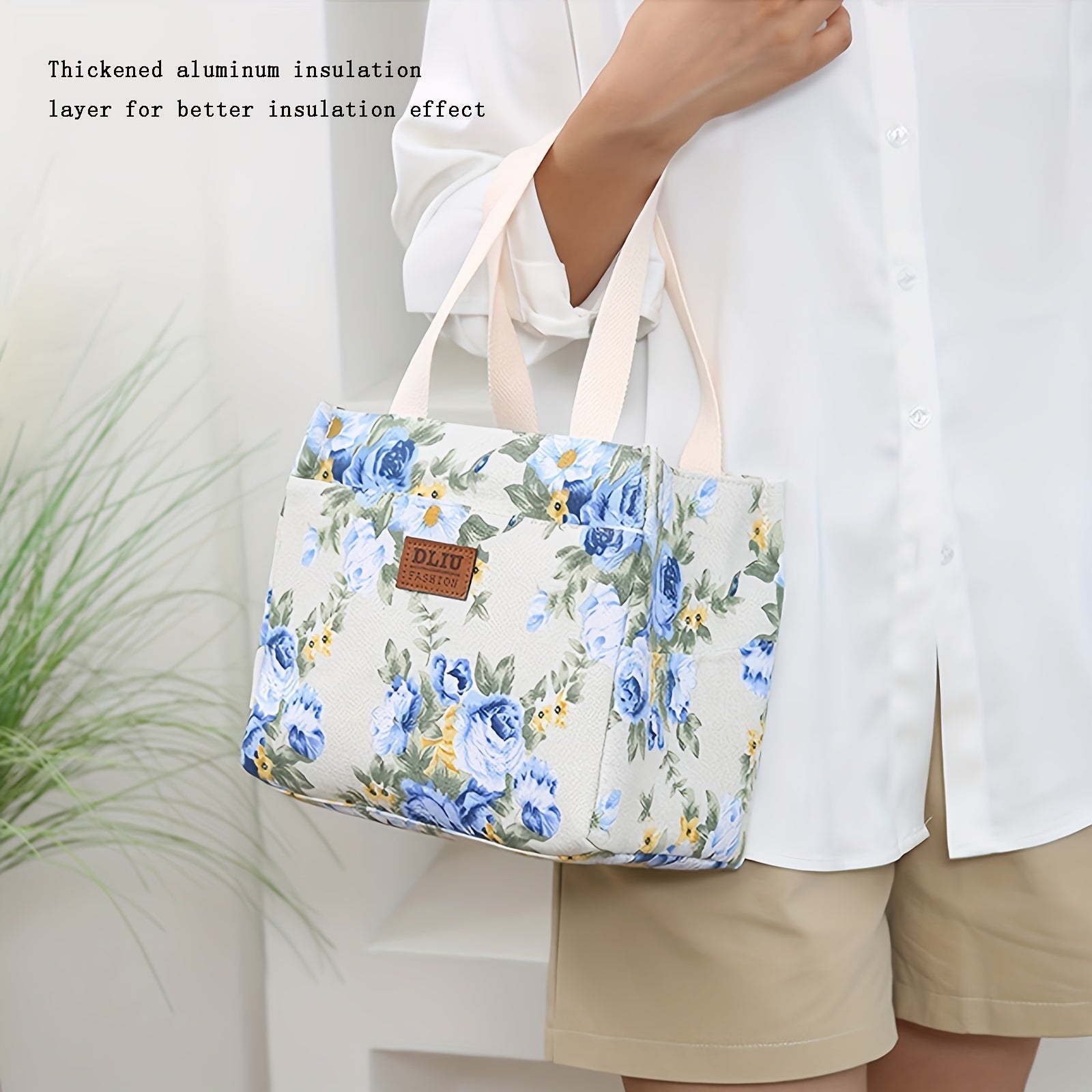 Insulated Floral Lunch Bag with Aluminum Foil, Thermal Tote for Picnics and Travel