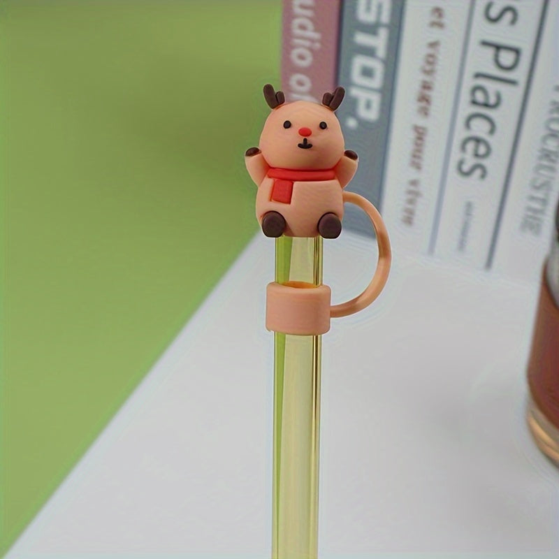 Set of 5 Reusable Silicone Straw Lids Christmas Santa Tree Fits 10mm Straws