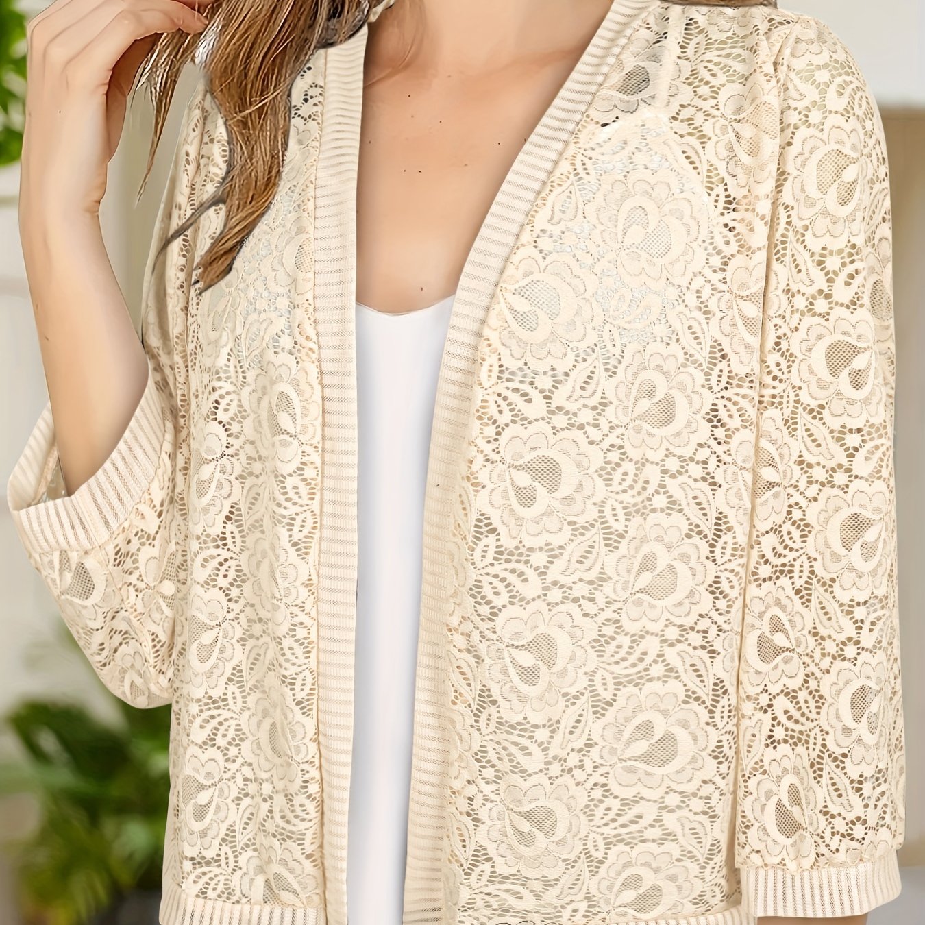 Plus Size Floral Lace Open Front Top Women's Long Sleeve Casual Spring Summer