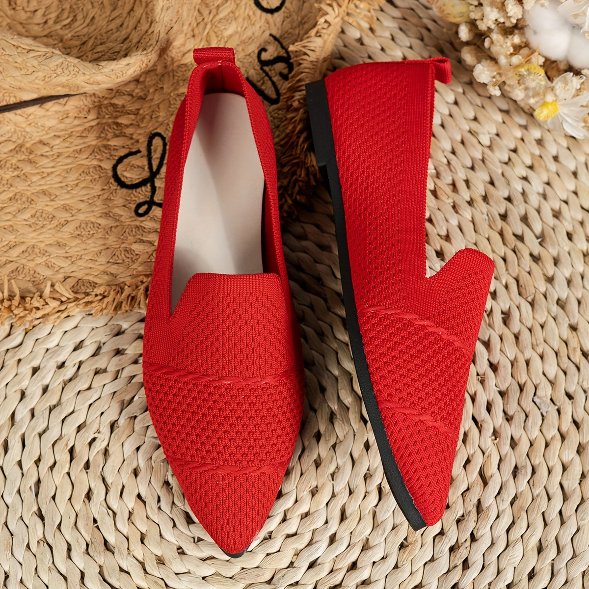 Women's Pink Slip-On Pointed Toe Flats Breathable Fabric All-Season Shoes