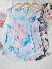 Plus Size Women's Bohemian Tie-Dye Tank Dress with Sun and Moon Floral Print
