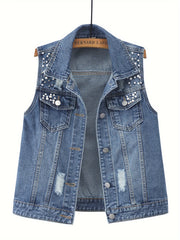 Plus-Size Pearl Beaded Denim Vest Ripped Sleeveless Jean Jacket for Spring Fall Light Blue