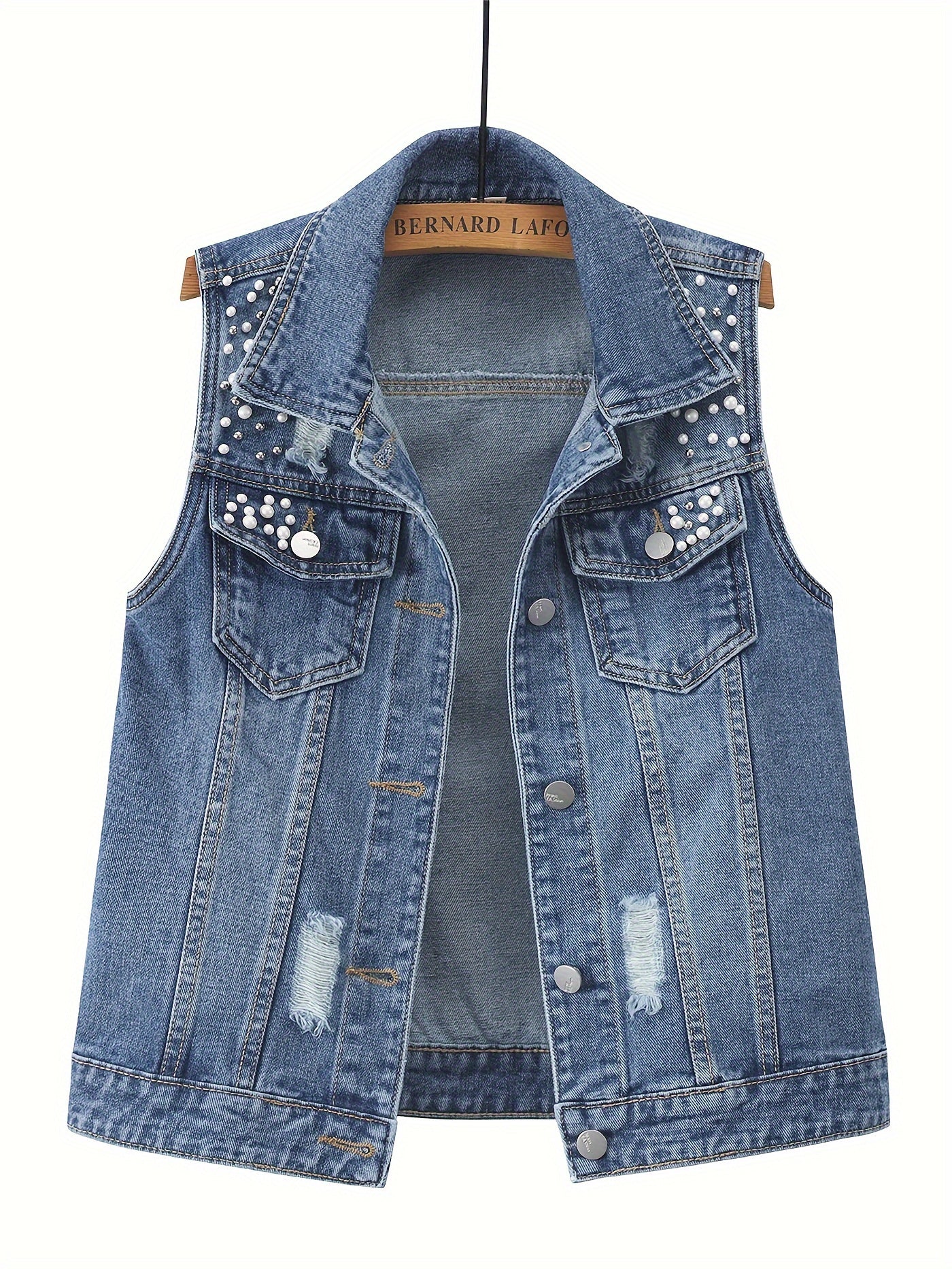 Plus-Size Pearl Beaded Denim Vest Ripped Sleeveless Jean Jacket for Spring Fall Light Blue