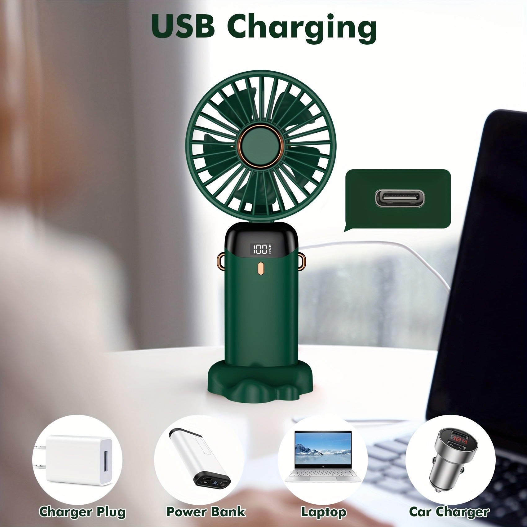 Portable USB Desk Fan with Digital Display 5-Speed Adjustable Mini Air Conditioner Rechargeable Lithium Battery