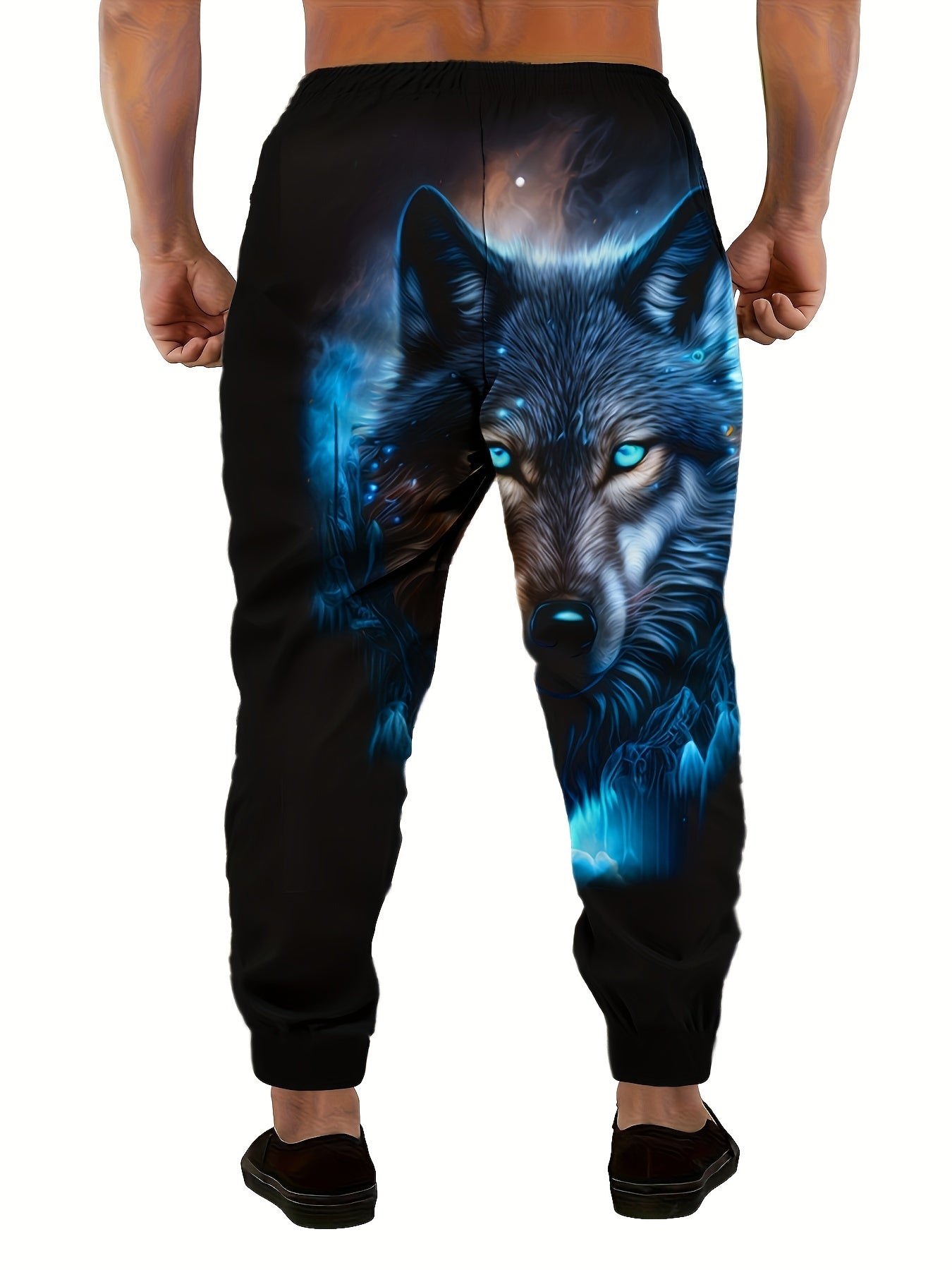 Pantalones deportivos de talla grande para hombre con estampado de lobo, cintura con cordón y bolsillos, poliéster