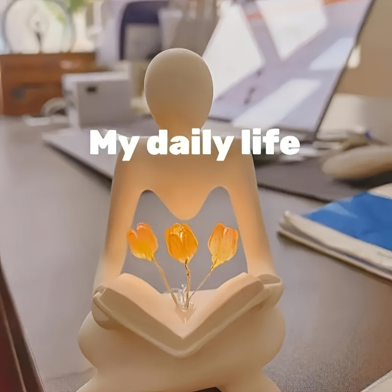 Abstract Human Figure Tulip LED Night Light with Adjustable Brightness Battery-Powered Desk Decor