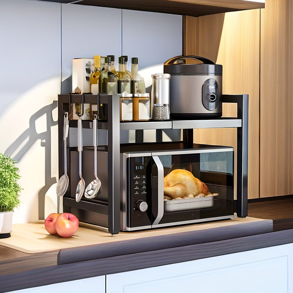 Расширяемая полка для микроволновки с крючками, органайзер для хранения на столешнице из углеродистой стали