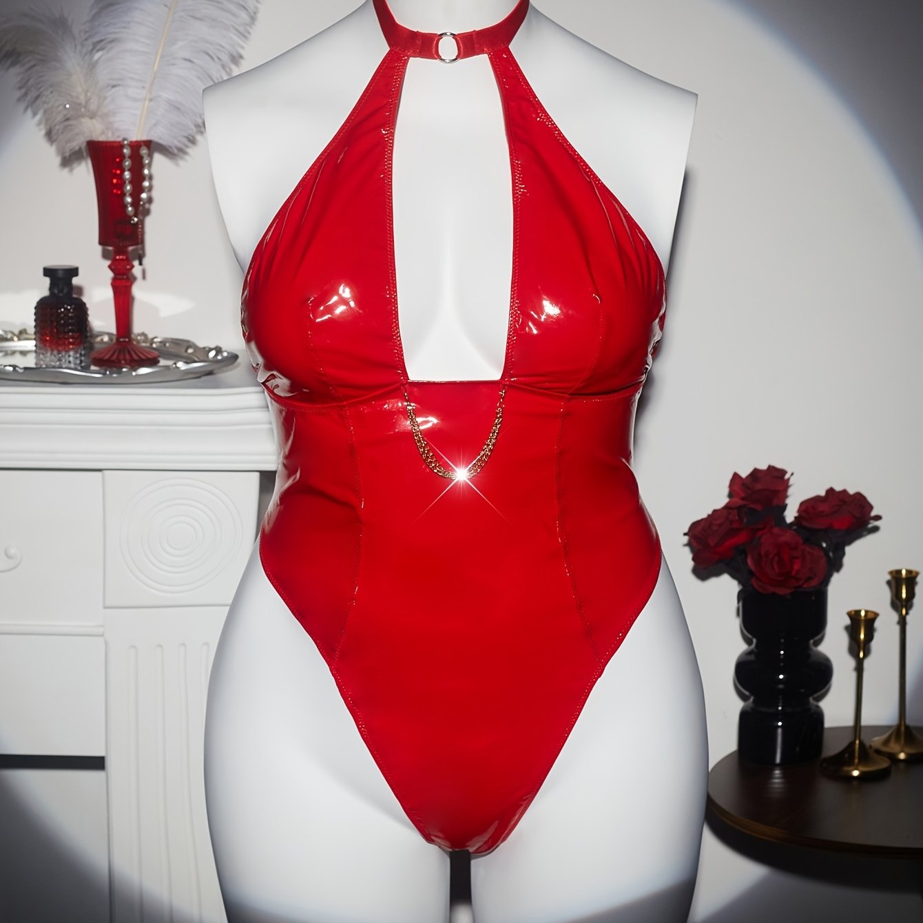 Women's Plus Size Red Glossy PU One-Piece Swimsuit with Cross-Back Design