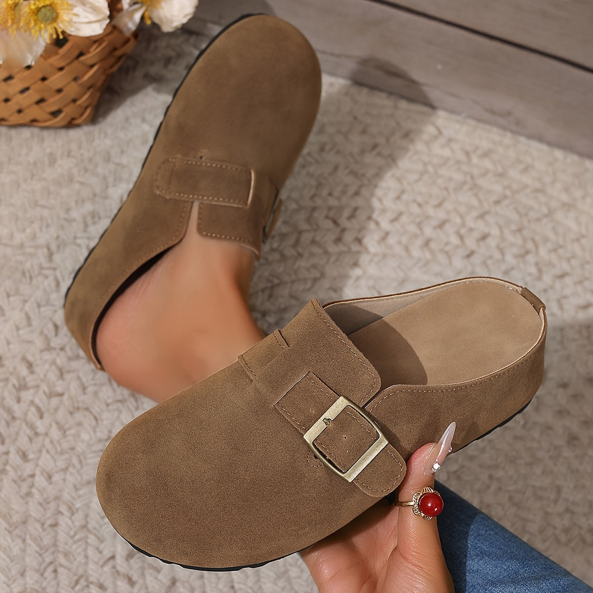Women's Faux Leather Slip-On Mules Brown Green Buckle Casual Summer Comfort