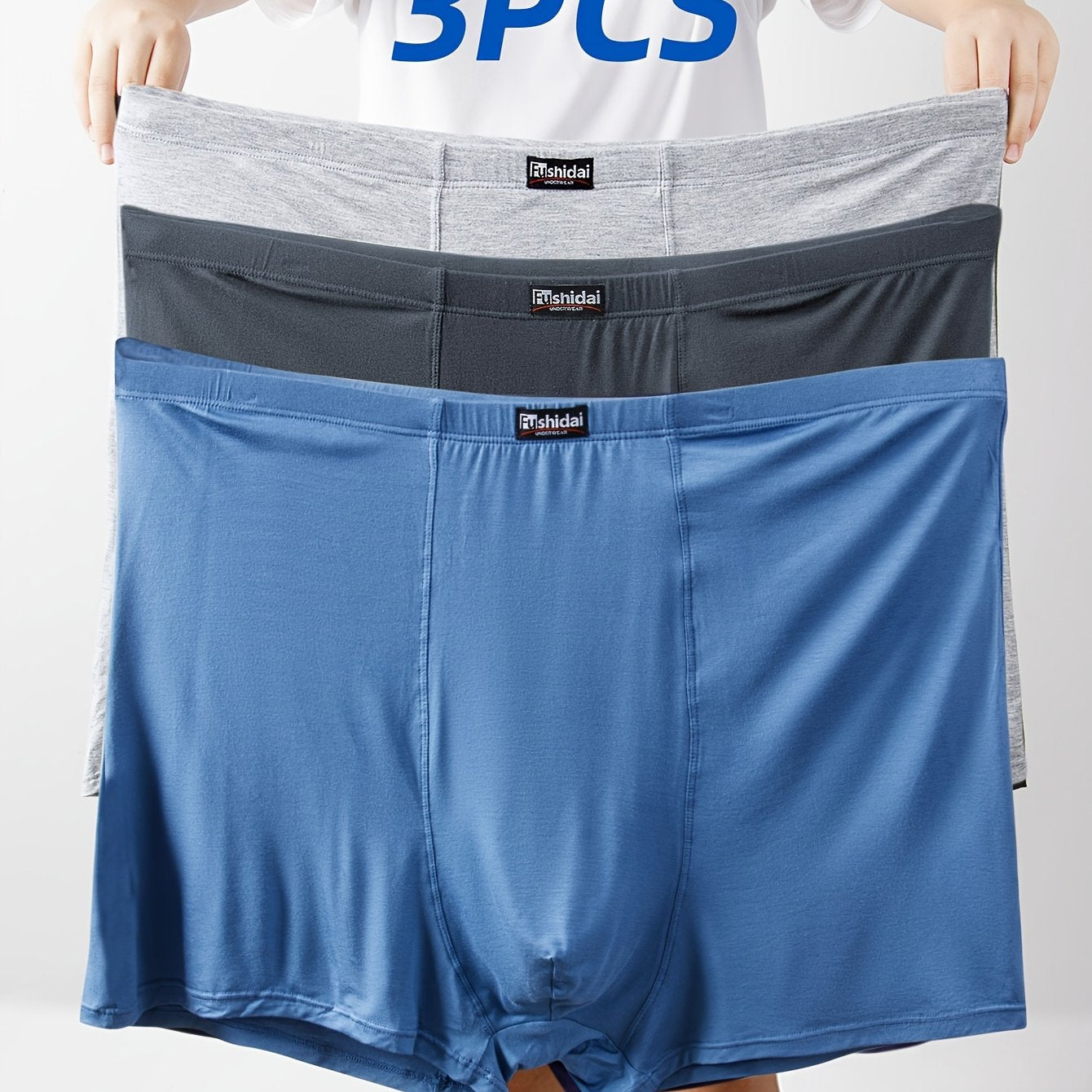 Men's Plus Size High-Waist Boxer Briefs Set 3 Pack Modal Spandex Dark Blue Gray Navy