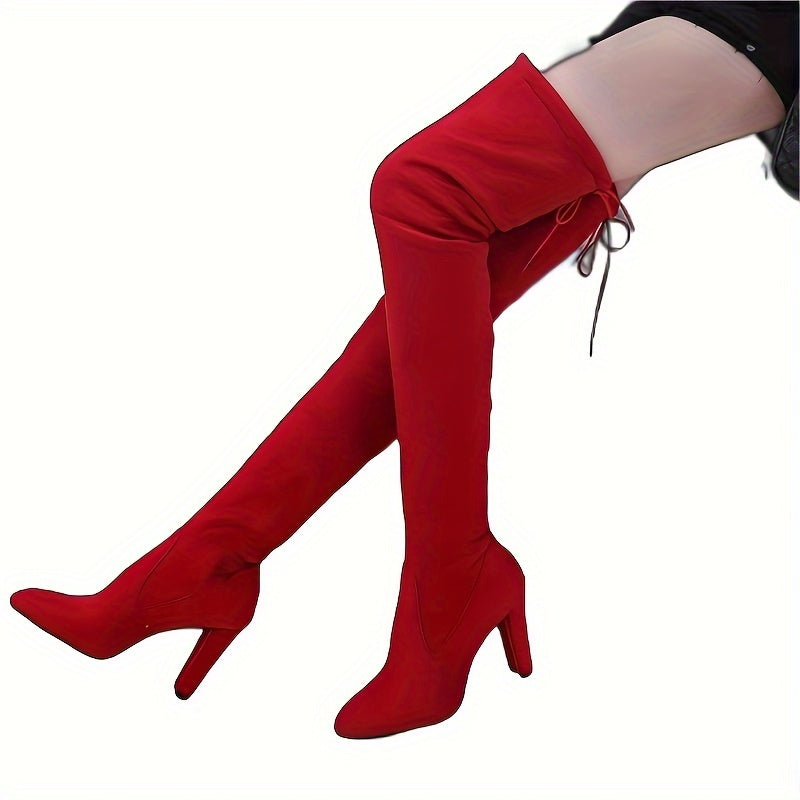 Women's Black Over-the-Knee Chunky Heel Boots Solid Color Casual Long Shoes