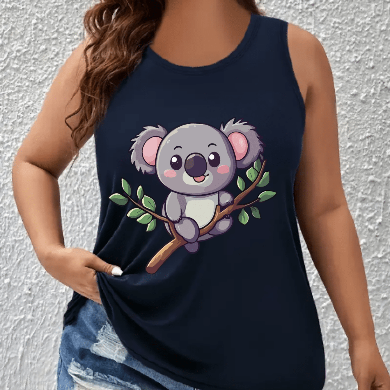 Plus Size Women's Breathable Cotton Tank Top with Cartoon Koala Light Blue