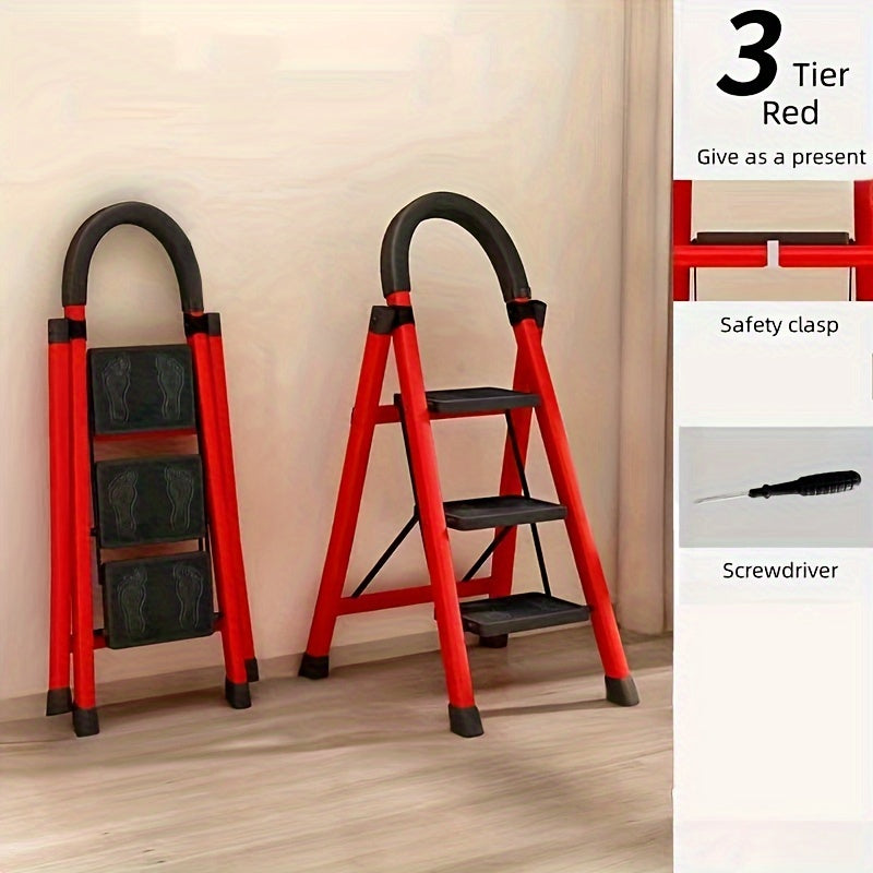 Folding Step Stool with 2-6 Tiers Non-Slip Pedals Waterproof Steel Red Home Kitchen Office