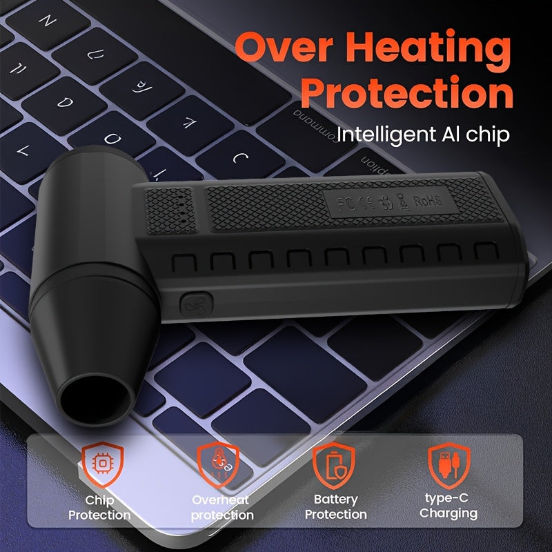 JKUOO Portativ Turbo Ventilyator 20000RPM brushless motor bilan, 4W quvvat, 8000mAh lityum batareya bilan USB orqali zaryadlanadigan, ABS materialdan tayyorlangan, tugma boshqaruvi. Ichki va tashqi foydalanish uchun mos.