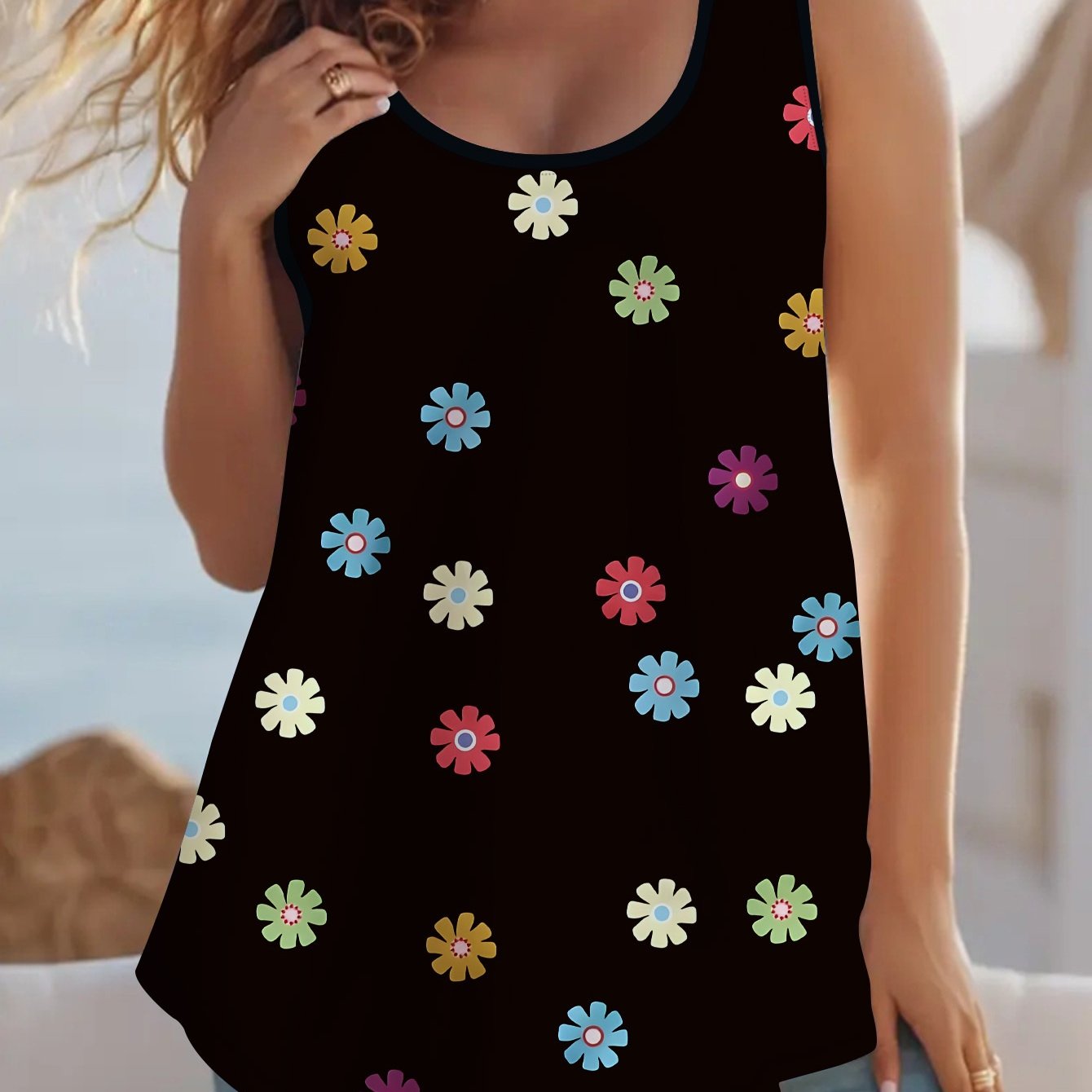 Plus Size Women's Floral Print Round Neck Top Polyester Spandex Black All-Season