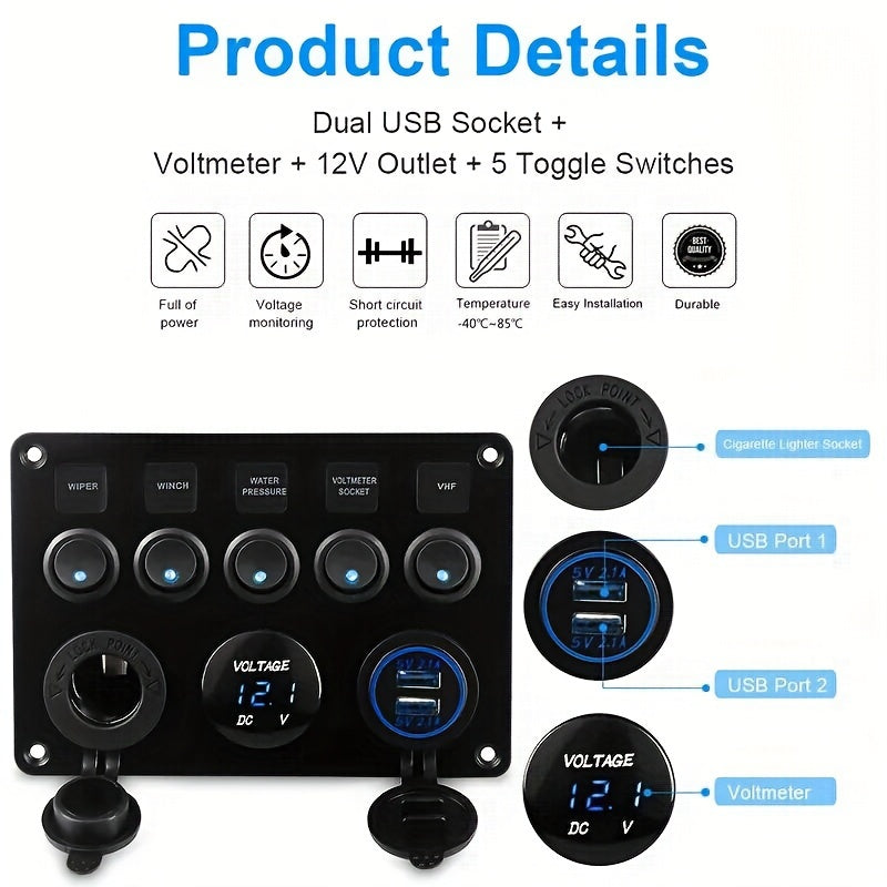 Multi-Function 5 Gang Rocker Switch Panel with USB Charger Volt and Fuse