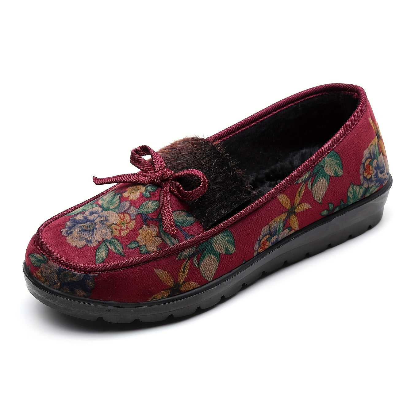 Ayollar uchun gul bosimli qishda kiyiladigan shippaklar, korduroy loafers, yumshoq tag va qulay ichki qavati bilan