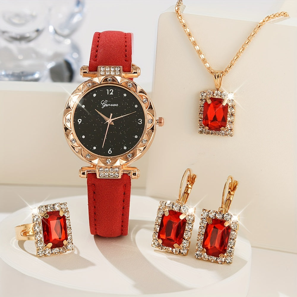 Set of 5 Women's Rhinestone Quartz Watches with Leather Bands and Heart Jewelry Set